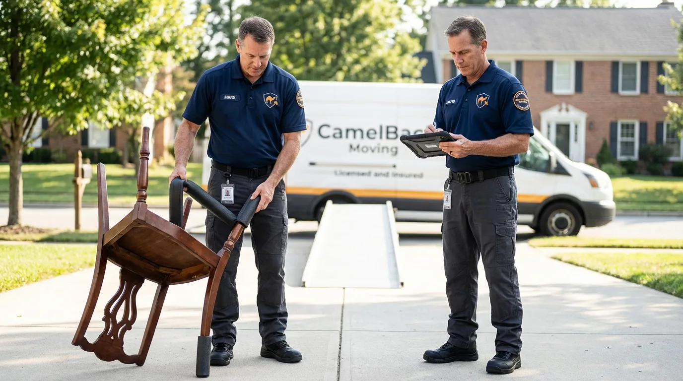Movers inspecting furniture for damage prevention before loading in Weaverville, NC