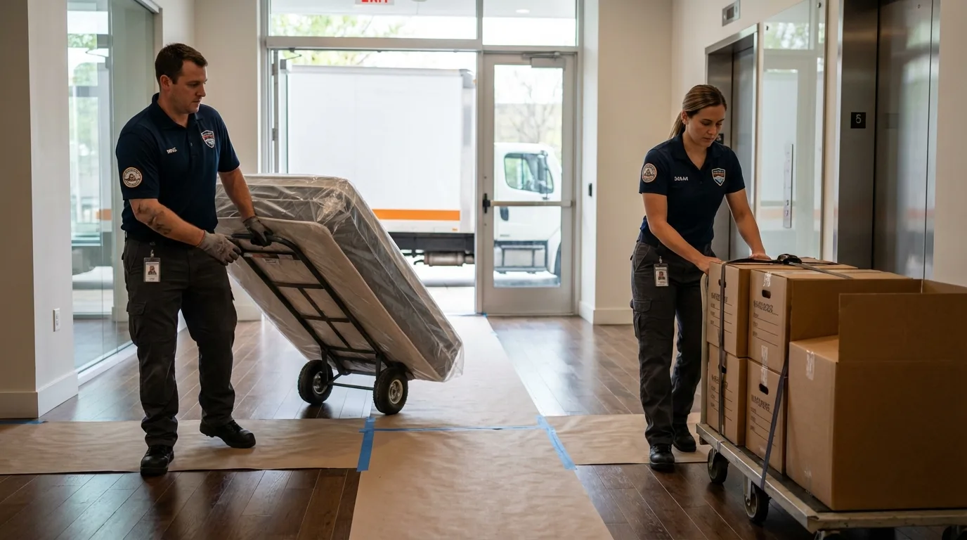 Professional apartment movers loading elevator in Weaverville, NC